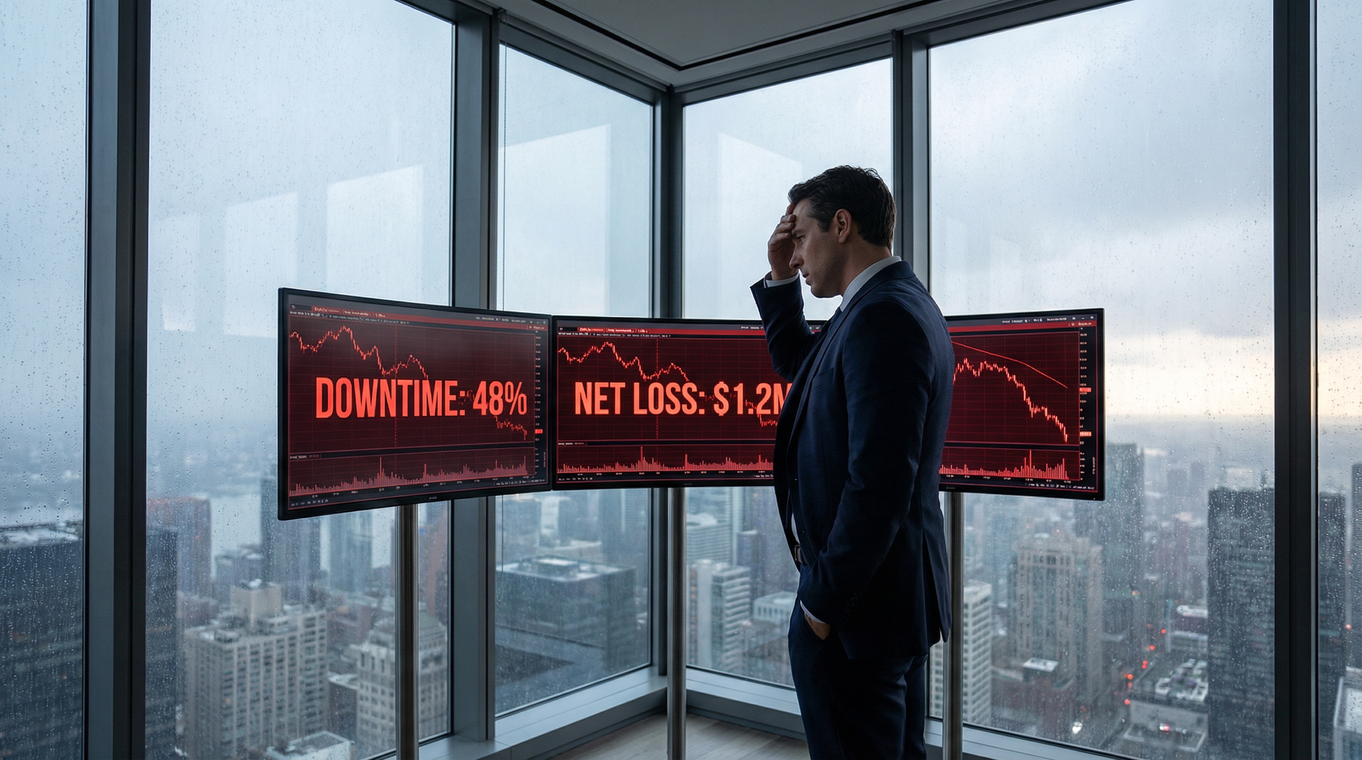 Executive analyzing IT downtime costs on financial dashboards